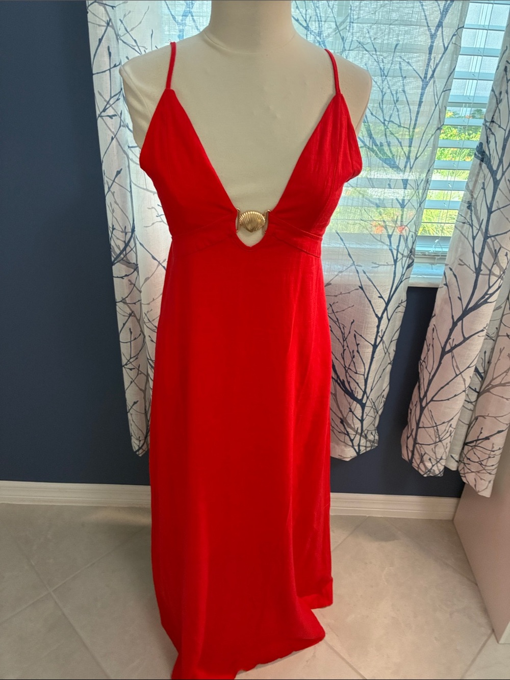 Paper Heart Red Plunge Maxi Dress with Gold Accent